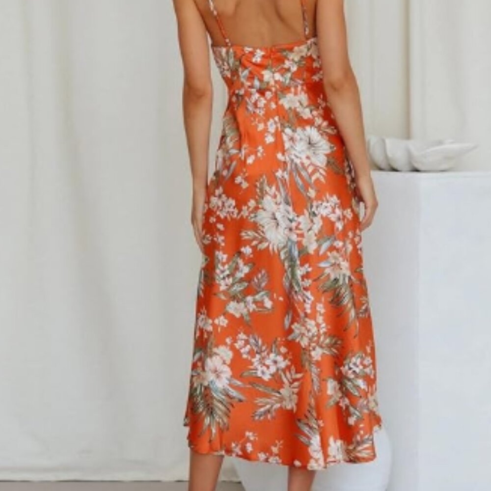 Paperheart Orange Floral Tropical Satin Dress Size: M - Picture 2 of 7